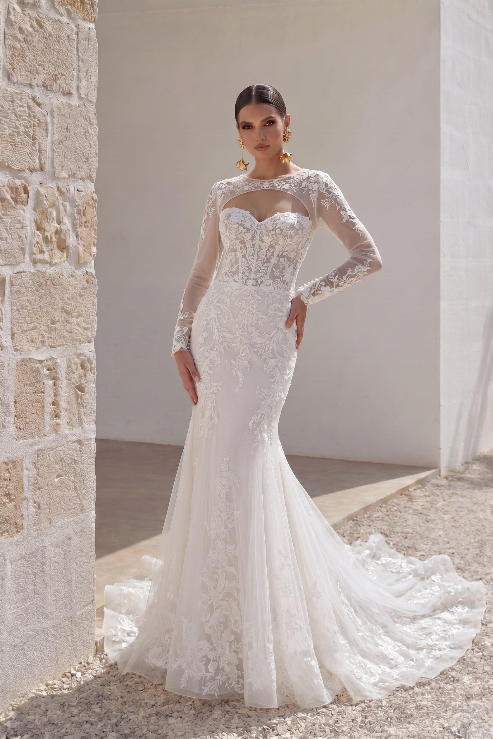 Trumpet-Mermaid Chapel Train Lace Tulle Wedding Dress CW3282 - 45 Days / As Picture:Ivory/Sand / US0-UK2-EUR30 - COCOMELODY